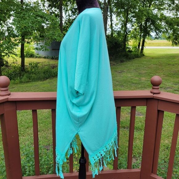 Catalina Woman's Swimsuit Cover up, beach cover up Kimono, Teal Cream , Large - Picture 6 of 11